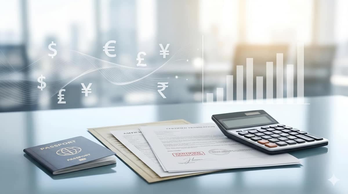 Financial document translation for UK visa: passport, certified documents, and international currency symbols