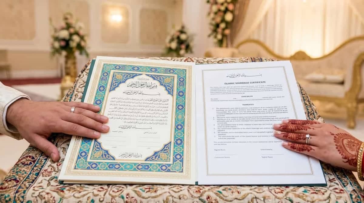 Islamic marriage certificate (Nikah Nama) with Arabic calligraphy alongside certified English translation