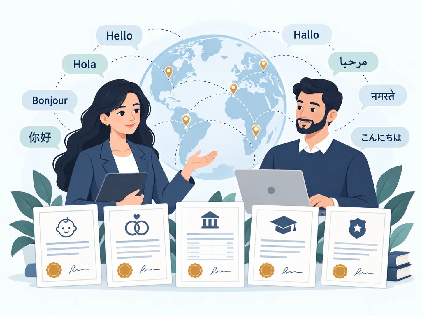 Two human translators working across languages, with certified birth, marriage, bank, diploma and police documents