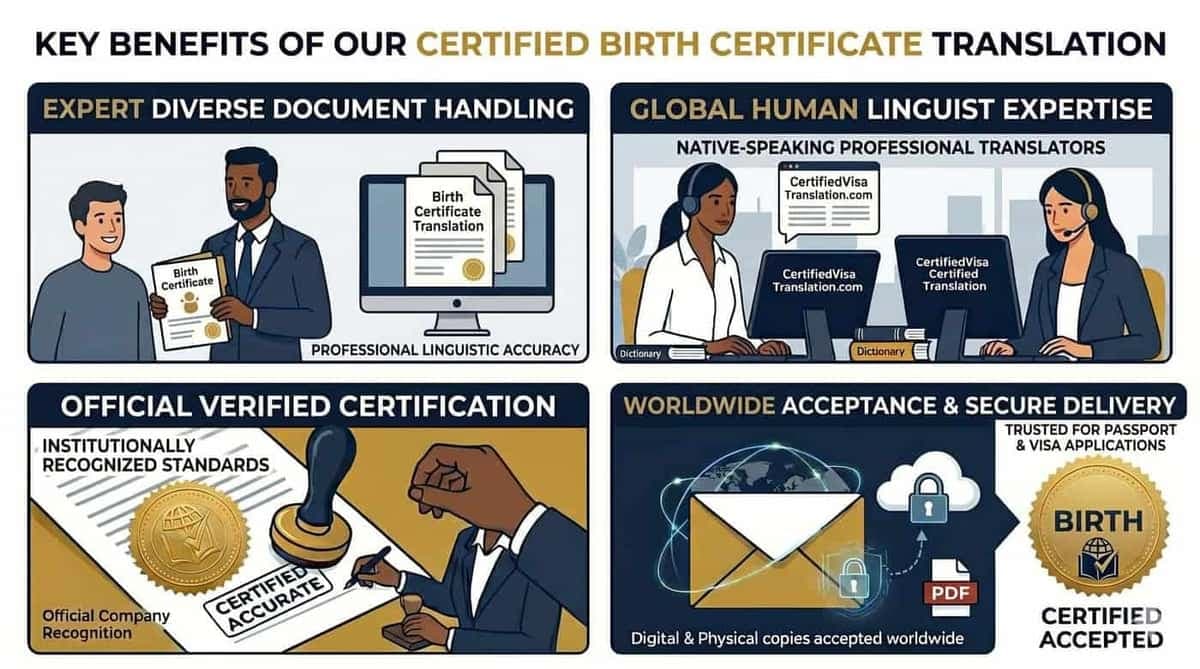 Key benefits of our certified birth certificate translation: expert document handling, global linguist expertise, official verified certification, and worldwide acceptance