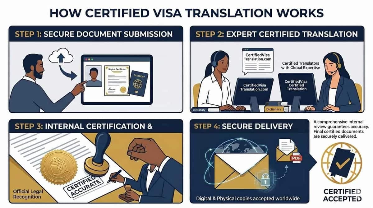 The certified translation process: Submit, Translate, Certify, Deliver — four steps to UKVI-compliant certified translations