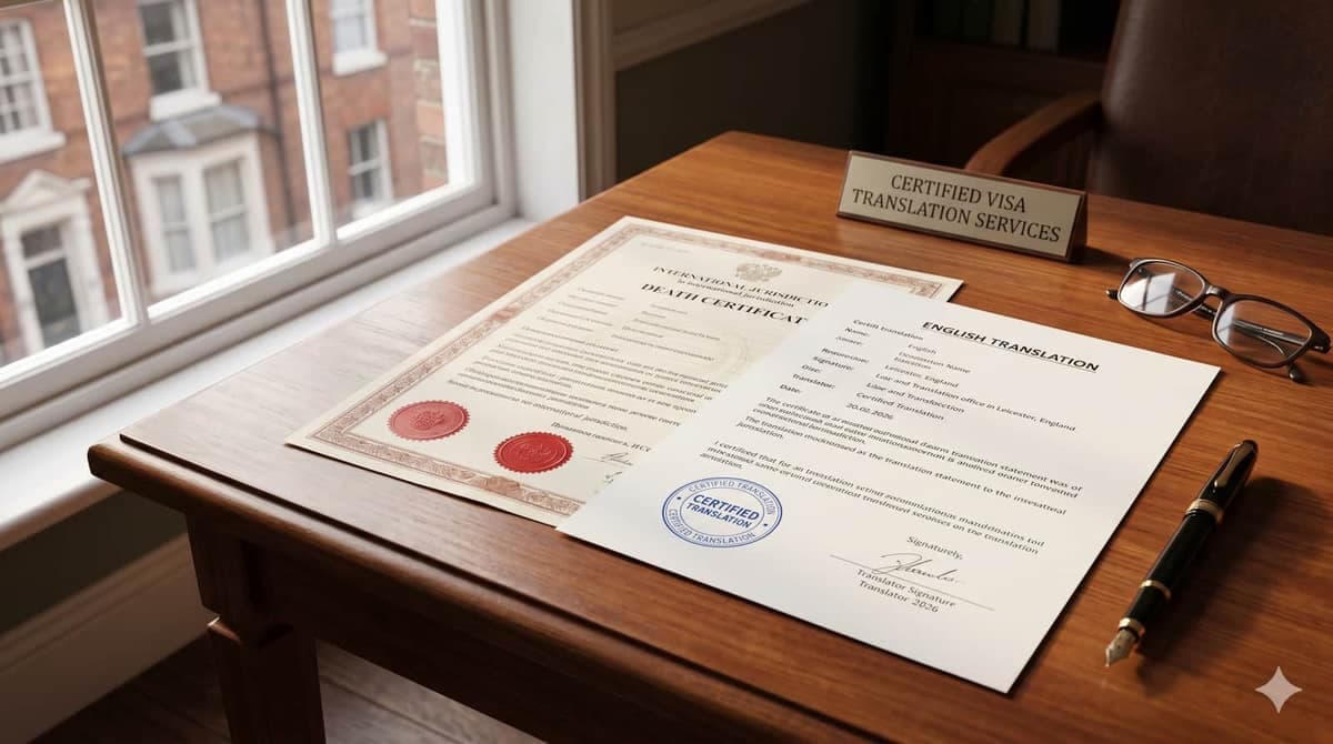 Death certificate with certified English translation on a professional desk at Certified Visa Translation Services