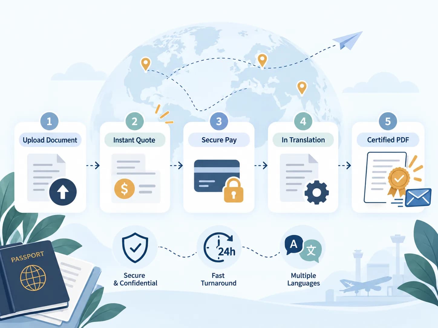 Five steps: upload the document, get a quote, pay securely, translation, certified PDF by email