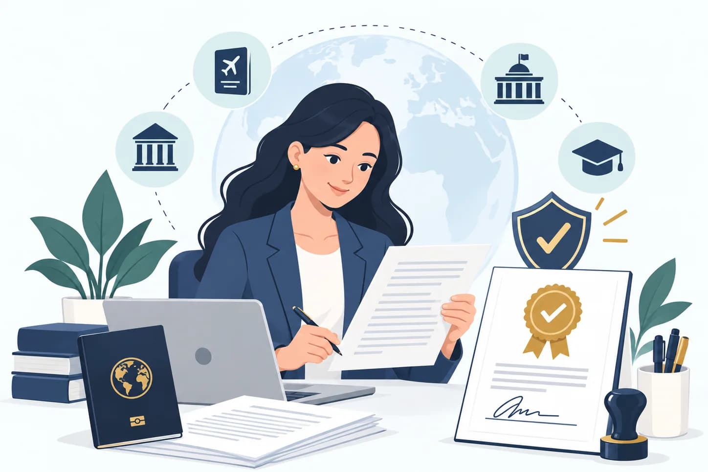 A translator reviews and signs a certified translation, with a seal, stamp and passport on the desk