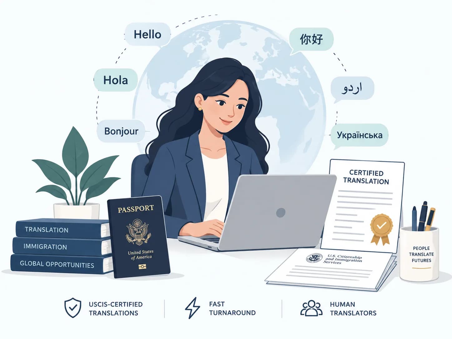 A translator prepares a certified English translation for a USCIS application, with a US passport on the desk