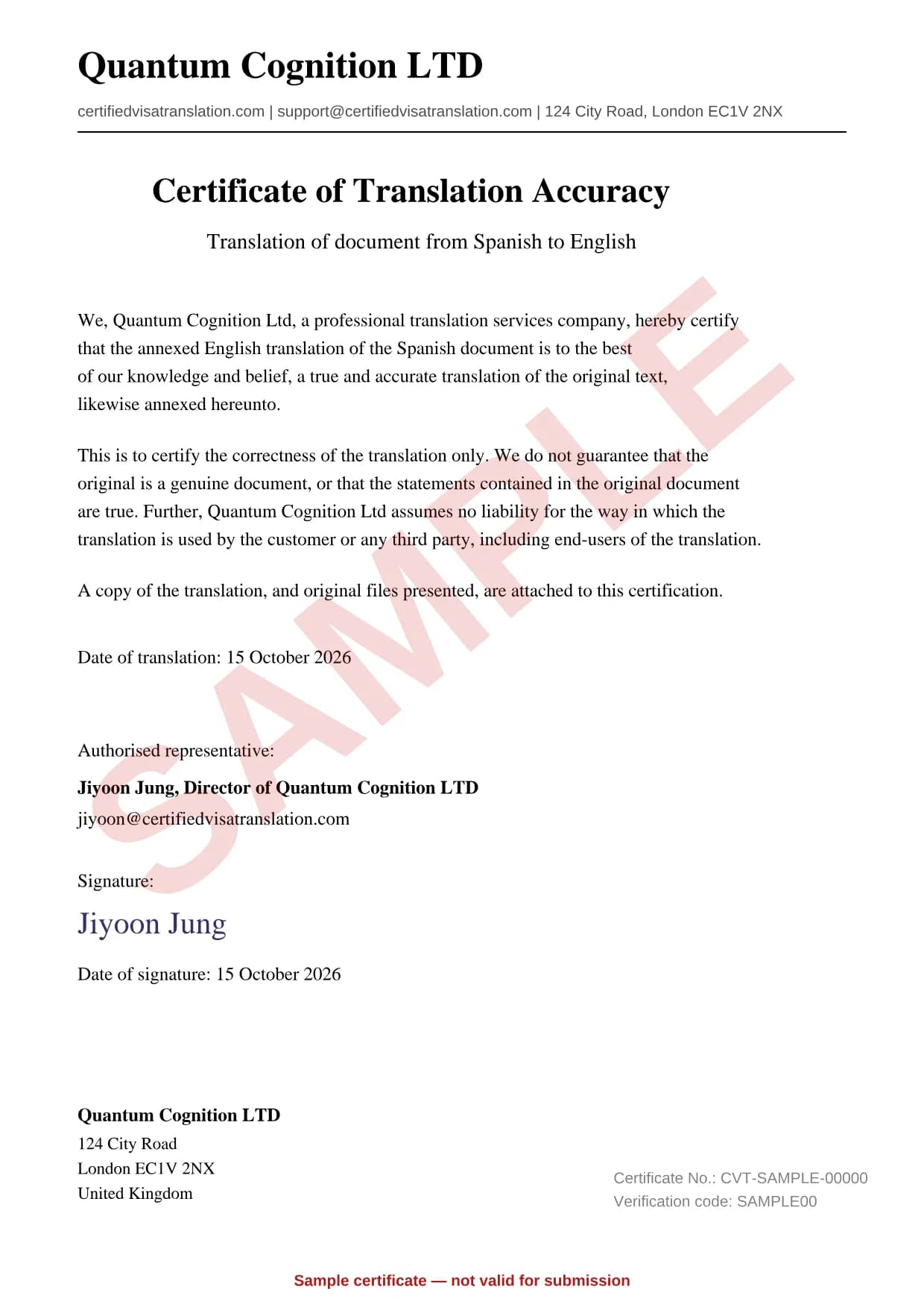 Sample certificate of translation accuracy, signed and stamped by Quantum Cognition Ltd